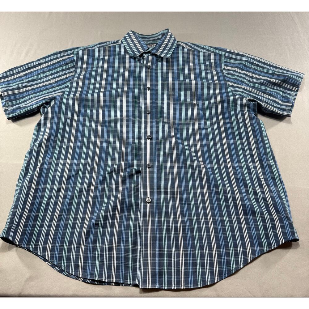 Roundtree & Yorke Men’s Short Sleeve Plaid Button Front Shirt Blue White Large